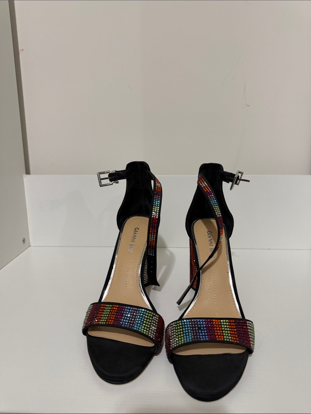 Gianni Bini Black Heels with Rainbow Rhinestone Straps